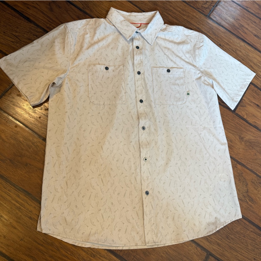 Lake & Trail fishing shirt mens large AOP lure tan button up stretch performance